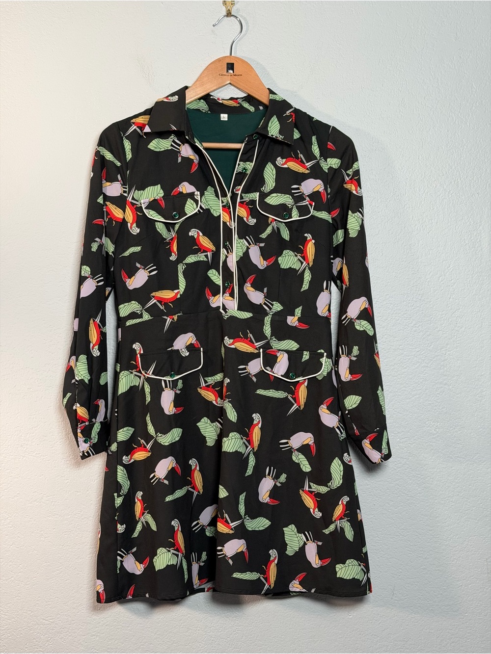 Black Long-Sleeve Bird-Print Shirt Dress Silk Poly Blend M